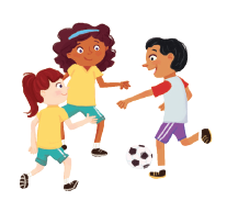 Imagem: Ilustração. Duas meninas, vestindo camiseta amarela e bermuda verde, e um menino, vestindo camiseta branca e bermuda roxa, estão jogando bola. Fim da imagem.