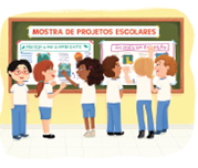 Imagem: Ilustração. Seis crianças em frente a um quadro com cartazes informativos com fotos e textos, acima, uma faixa indica “mostra de projetos escolares”. Fim da imagem.