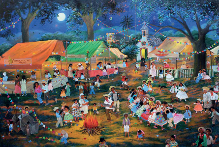 Imagem: Ilustração. Vista de quadro com pessoas em festa de são joão. Há fileira de pessoas dançando e pessoas tocando instrumentos musicais. Ao lado há pessoas ao redor de uma fogueira. Nos cantos da imagem há pessoas andando entre barracas coloridas e uma capela. Por toda a imagem há varais com bandeiras coloridas. Fim da imagem.