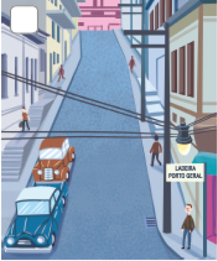 Imagem: Ilustração. Vista de rua com casas e fios ligados por postes, carros antigos parados ao lado. No início da rua uma placa se destaca indicando “Ladeira Porto Geral”.  Fim da imagem.
