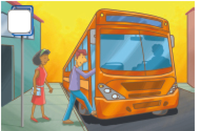 Imagem: Ilustração 5. Homem e mulher em um ponto de ônibus, subindo em um ônibus laranja. Fim da imagem.