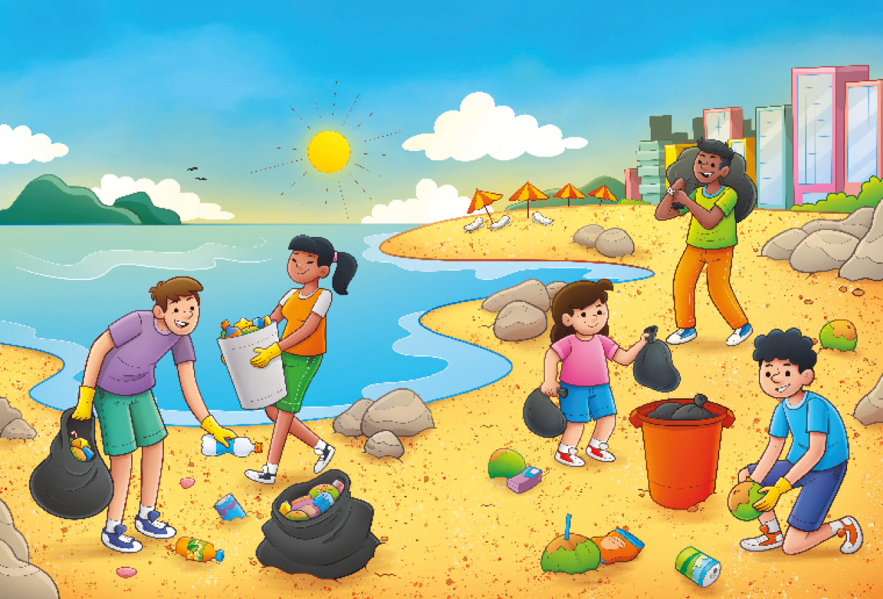 Imagem: Ilustração complementar das páginas 40 e 41. Praia com areia coberta por lixo. Há pessoas com sacos de lixo e luvas amarelas recolhendo o lixo espalhado. Fim da imagem.