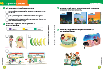 Imagem: Ilustração. Exemplifica como será a seção O que você aprendeu. Página dupla composta por textos e imagens.  Fim da imagem.