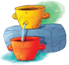 Imagem: Ilustração. Vaso amarelo com furo soltando água que cai em um vaso igual laranja. Fim da imagem.