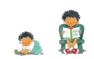 Imagem: Ilustração. Menino bebê de cabelo curto cacheado preto, vestindo camiseta branca, está gatinhando. Ao lado, ilustração de menino de cabelo curto cacheado preto, vestindo camiseta vermelha, está sentado segurando um livro aberto. Fim da imagem.