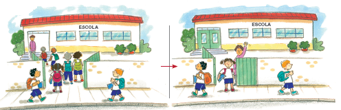 Imagem: Ilustração. Escola de prédio baixo amarelo com muro baixo e portão verde. Há crianças entrando pelo portão. Ao lado, seta para imagem de crianças saindo da escola. Fim da imagem.