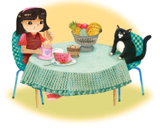 Imagem: Ilustração. Menina de cabelo médio preto, vestindo vestido vermelho. Está sentada em frente a uma mesa de toalha verde com frutas em fruteiras. Sentado em outra cadeira está um gato preto com barriga e focinho branco. Fim da imagem.