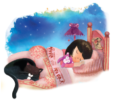 Imagem: Ilustração. Menina de cabelo médio preto, vestindo camiseta rosa. Está deitada dormindo em uma cama com cobertor rosa, macaco de pelúcia sobre o braço. Um gato preto com focinho e barriga branca está deitado sobre as pernas da menina. Fim da imagem.