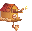 Imagem: Ilustração. Relógio cuco de madeira com um pássaro sobre a ponta de uma plataforma de madeira. Abaixo, um relógio sobre a casinha. Fim da imagem.