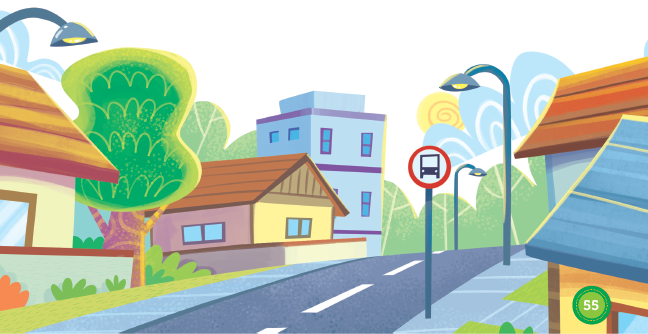 Imagem: Ilustração. Rua com casas lado a lado com árvores e arbustos. Na rua há postes, um prédio baixo e uma placa com ilustração de um ônibus.  Fim da imagem.