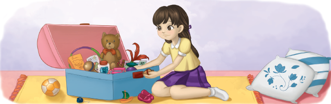 Imagem: Ilustração. Menina de cabelo longo castanho, vestindo camiseta amarela e saia roxa. Está sentada em frente a um baú com brinquedos diversos. Fim da imagem.