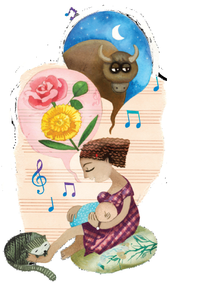 Imagem: Ilustração. Mulher de cabelo cacheado castanho, vestindo vestido roxo. Está segurado um bebê enrolado em uma manta azul, estão sentados em um travesseiro. Sobre o pé há um gato cinza. Acima, balões, um com flores e um com um boi marrom sob luar. Fim da imagem.