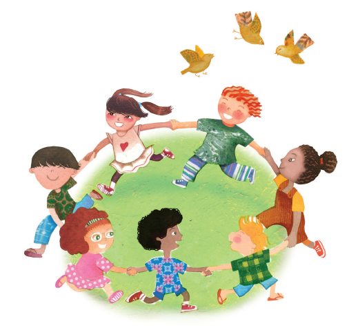 Imagem: Ilustração. Sete crianças de mãos dadas com roupas coloridas formando uma roda sobre o gramado, com pássaros amarelos sobrevoando. Fim da imagem.