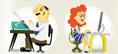 Imagem: Ilustração de homem de cabelo curto preto e bigode, vestindo camisa branca, gravata azul e calça marrom. Está escrevendo em uma máquina de escrever. Ao lado, mulher de cabelo longo cacheado ruivo, vestindo vestido azul, usando um computador.  Fim da imagem.