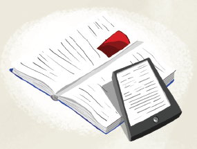 Imagem: Ilustração de livro aberto e aparelho com livro digital. Fim da imagem.