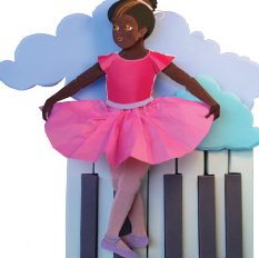 Imagem: Ilustração. Mulher de cabelo preso em coque preto, vestindo camiseta e saia de bailaria rosa, com sapatos roxos. Está com as pernas cruzadas sobre teclas de um piano. Acima, há nuvens azuis. Fim da imagem.