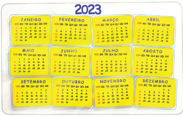 Imagem: Ilustração. Calendário de 2023 com doze meses sequenciais. Janeiro inicia no dia 1 e termina no dia 31. Fevereiro inicia no dia 1 e termina no dia 28. Março inicia no dia 1 e termina no dia 31. Abril inicia no dia 1 e termina no dia 30. Maio inicia no dia 1 e termina no dia 31. Junho inicia no dia 1 e termina no dia 30. Julho inicia no dia 1 e termina no dia 31. Agosto inicia no dia 1 e termina no dia 31. Setembro inicia no dia 1 e termina no dia 30. Outubro inicia no dia 1 e termina no dia 31. Novembro inicia no dia 1 e termina no dia 30. Dezembro inicia no dia 1 e termina no dia 31. Fim da imagem.