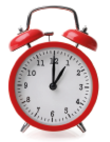 Imagem: Fotografia 1. Relógio vermelho com dois sinos na parte superior. O relógio marca com ponteiro menor no número 1 e maior no número 12. Fim da imagem.