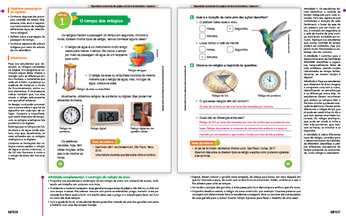 Imagem: Ilustração. Exemplifica como será a parte específica do Manual. Página dupla composta por textos; imagens e textos do professor ao redor. Fim da imagem.