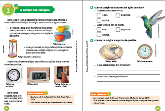 Imagem: Ilustração. Exemplifica como serão os capítulos e atividades. Página dupla composta por textos e imagens. Fim da imagem.