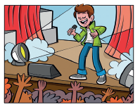 Imagem: Ilustração. Menino de cabelo curto castanho, vestindo camiseta branca, casaco verde e calça azul. Está segurando um microfone em um palco com luzes acesas e fumaças. À frente, há multidão de pessoas assistindo-o.  Fim da imagem.