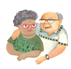 Imagem: Ilustração. Mulher idosa de cabelo curto cacheado grisalho e óculos de armação arredondada vermelha, vestindo camiseta verde. Ao lado, abraçado a ela, um homem idoso calvo de cabelo lateral grisalho e óculos de armação arredondada preta, vestindo camiseta branca. Fim da imagem.