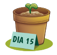 Imagem: Ilustração. Dia 15: Vaso de flor com broto germinando verde.  Fim da imagem.