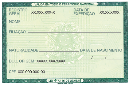 Imagem: Ilustração. Folha do verso de um registro geral. Ele indica: Registro geral; data de expedição; nome; filiação; naturalidade; data de nascimento; doc. Origem; CPF. Fim da imagem.