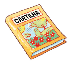 Imagem: Ilustração. Livro de capa amarela com ilustração de flores e árvores, acima, o título “cartilha”. Fim da imagem.