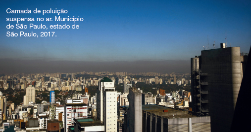 Imagem: Fotografia. Vista aérea de cidade com prédios altos e pouca vegetação. Acima das casas há uma faixa cinza grossa indicando “Camada de poluição suspensa no ar. Município de São Paulo, estado de São Paulo, 2017”. Fim da imagem.