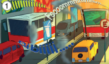 Imagem: Ilustração. 1: Vista de rua com trânsito de carros e ônibus soltando fumaça e emitindo sons “fooommmmmmm...”, “biiiiiii...”, Bibiiii...”.  Fim da imagem.