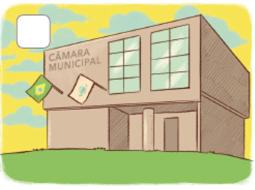 Imagem: Ilustração. Prédio retangular com pilar cilíndrico na frente da porta. Há uma bandeira branca e uma bandeira do Brasil. Acima, o título “câmara municipal”. Fim da imagem.