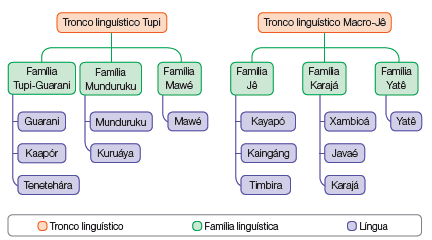 Imagem: Fluxograma. Tronco linguístico Tupi. Família Tupi-Guarani: Guarani; kaapór; Tenetehára. Família Munduruku: Munduruku; Kuruáya. Família Mawé: Mawé. Fluxograma. Tronco linguístico Macro-Jê. Família Jê: Kayapó; Kaingáng; Timbira. Família Karajá: Xambioá; Javaé; Karaja. Família Yatê: Yatê.  Fim da imagem.