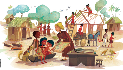 Imagem: Ilustração. Pessoas indígenas em construção de aldeia com cabanas de madeira com palha. Há homens com túnicas marrons com crucifixos. Um deles está próximo a um grupo de crianças mostrando um mapa mundo.  Fim da imagem.