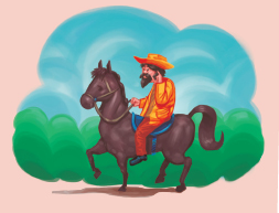 Imagem: Ilustração. Homem de chapéu laranja e cabelo curto castanho, vestindo camiseta bege, casaco laranja e calça vermelha. Está andando em um cavalo marrom. Fim da imagem.