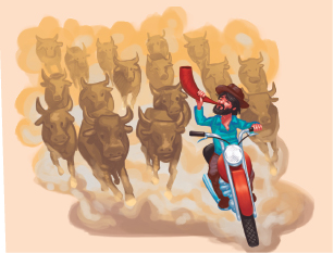 Imagem: Ilustração. Homem de chapéu marrom e cabelo curto preto, vestindo camiseta azul e calça marrom, montado em uma moto vermelha com um berrante na boca. Atrás há rebanho de bois correndo atrás da moto. Fim da imagem.