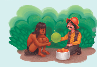 Imagem: Ilustração. Homem indígena de cabelo longo castanho, vestindo tanga marrom, está sentado em frente a um homem de chapéu vermelho, vestindo camiseta amarela e colete marrom, e calça marrom, mostrando um fruto ao homem indígena. Atrás há vegetação. Fim da imagem.
