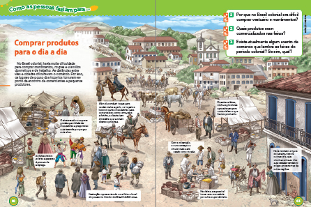 Imagem: Ilustração. Exemplifica como será a seção Como as pessoas fazem para. Página dupla composta por textos e imagens. Fim da imagem.