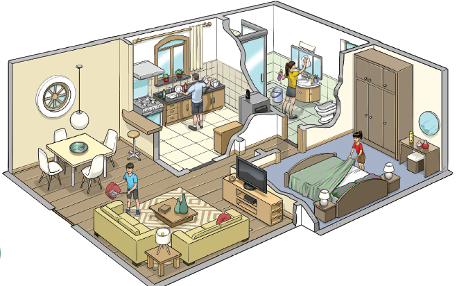 Imagem: Ilustração. Casa em corte com pessoas em organização e limpeza. Na sala, menino de cabelo curto preto, vestindo camiseta azul, está com um espanador passando pelo sofá. Na cozinha, homem de cabelo curto preto, vestindo camiseta branca, está lavando louça. No banheiro, mulher de cabelo longo preto, vestindo camiseta amarela, está passando pano nos espelhos. No quarto, menina de cabelo longo preto, vestindo camiseta rosa, está arrumando uma cama. Fim da imagem.