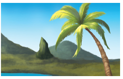 Imagem: Ilustração. Vista de um coqueiro sobre um campo aberto com montanhas ao fundo. Ao lado, um lago. Fim da imagem.