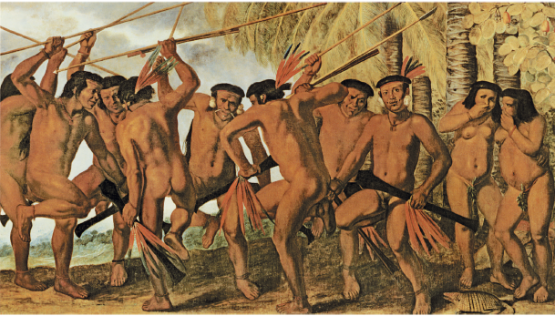 Imagem: Ilustração. Homens e mulheres pelados com cocares de penas e armas de madeira. Estão dançando em um campo de terra. Fim da imagem.