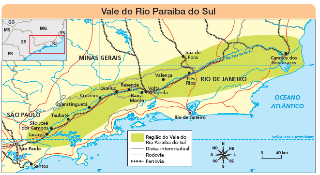 Imagem: Mapa. Vale do Rio Paraíba do Sul. Mapa apresenta região do vale do Rio Paraíba do Sul passando predominantemente por norte de São Paulo e, central oeste de Rio de Janeiro, passa pela região leste de Minas Gerais. Ferrovia se liga pelas cidades: Santos, São Paulo, Jacareí, São José dos Campos, Taubaté, Guaratinguetá, Cruzeiro, Queluz, Resende, Barra Mansa, Volta Redonda, Valença, Três Rios, Juiz de Fora e Campos dos Goytacazes. No canto superior esquerdo há um mapa destacando a região informada. No canto inferior direito há uma rosa dos ventos indicando norte, nordeste, leste, sudeste, sul, sudoeste, oeste e nordeste. Abaixo, escala de 0 a 40 km. Fim da imagem.