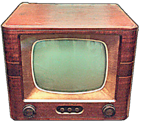 Imagem: Ilustração. Televisão antiga retangular e larga marrom com tela pequena de vidro no centro. Fim da imagem.