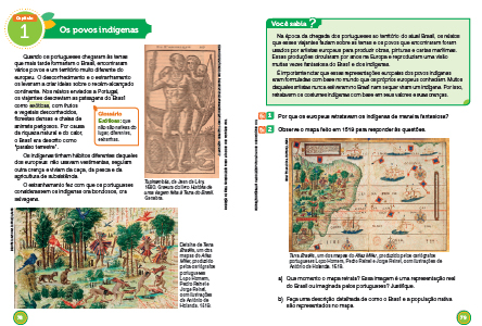 Imagem: Ilustração. Exemplifica como serão os capítulos e atividades. Página dupla composta por textos e imagens. Fim da imagem.