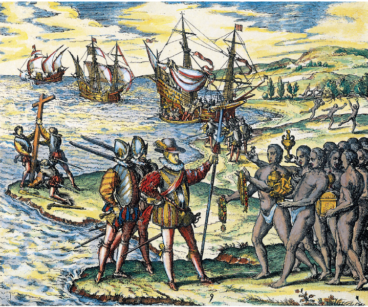 Imagem: Ilustração. Homens indígenas trazendo ouro para homens brancos de roupas finas, ao lado, homens erguendo um crucifixo. Ao fundo da praia há barcos sobre o mar.   Fim da imagem.