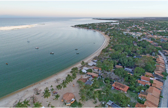 Imagem: Fotografia. Vista aérea de uma praia extensa com vegetação pela beira da praia e casas em sequência. Não há prédios na imagem, apenas casas baixas em terreno plano. Fim da imagem.