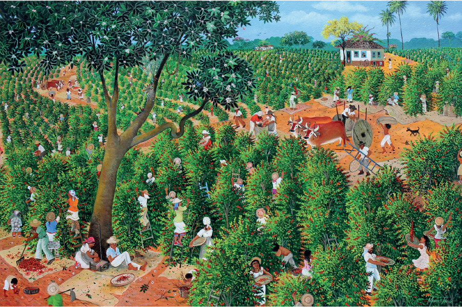 Imagem: Ilustração. Campo de plantação com árvores baixas e arbustos. Há pessoas trabalhando por todo o campo com roupas brancas. No centro da imagem há um pequeno campo aberto com dois bois puxando uma charrete de madeira. Em segundo plano, ao fundo, há uma pequena casa branca. Fim da imagem.