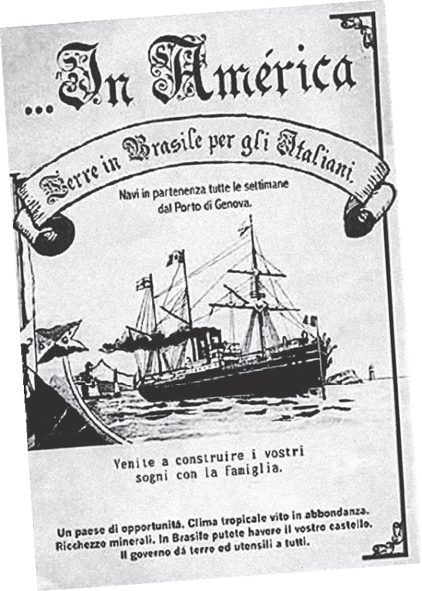 Imagem: Ilustração. Cartaz em preto e branco com o título “Na América – Serre Brasile per gli Italiani”. Abaixo, imagem de um navio grande sobre o mar e a frase “Venite a construire i vostri sogni com la famiglia”. Fim da imagem.