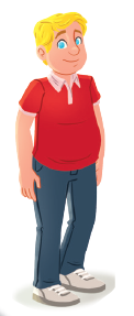 Imagem: Ilustração. Homem de cabelo curto loiro, vestindo camiseta vermelha e calça azul.  Fim da imagem.
