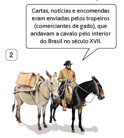 Imagem: Ilustração. 2) Homem de chapéu preto, cabelo curto e barba preta, vestindo camiseta amarela e calça azul, segurando rédeas de um burro levando malas, enquanto está montado em outro burro. Acima, balão de fala diz “Cartas, notícias e encomendas eram enviadas pelos tropeiros (comerciantes de gado), que andavam a cavalo pelo interior do Brasil no século XVII”. Fim da imagem.